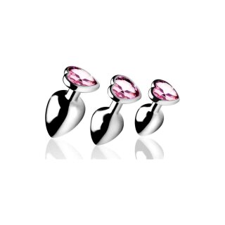 Pink Heart Gem Anal Plug Set - 3 Pieces - Silver