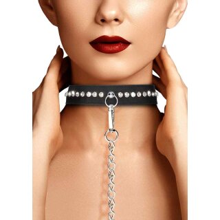 Diamond Studded Collar With Leash  - Black