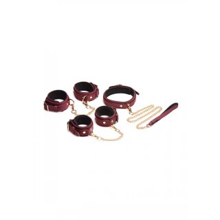 Master Series 6 Piece Velvet Bondage Set Burgundy Cuffs, Collar, & Leash