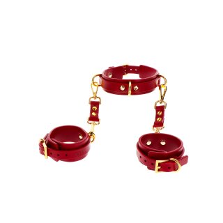 Taboom D-Ring Halsband und Handgelenkmanschetten rot, gold