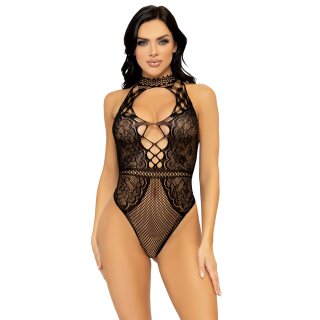 Net And Lace Keyhole Bodysuit Black OS