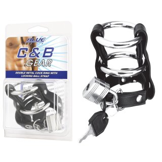 BLUE LINE C&B GEAR Double Metal Cock Ring With Locking Ball Strap