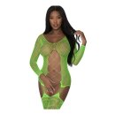 Magic Silk - Fishnet Gartered Catsuit - One Size - Lime