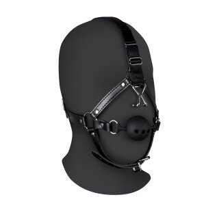 Shots head harness with breathable ball gag and nose hook black