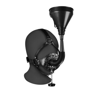 Shots head harness with open mouth gag, stopper and funnel black