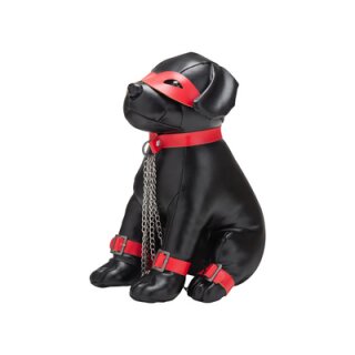 Prowler Captain Chains leather dog with red bondage harness and black eye mask