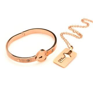 XR Brands Cuffed Locking Bracelet and Key Necklace - Rose Gold