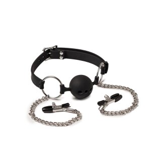 Rimba Latex Play - Mouthgag with Ball and Nipple Clamps - Black