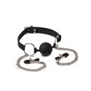 Rimba Latex Play - Mouthgag with Ball and Nipple Clamps - Black