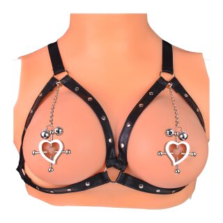 Kiotos Heart Nipple Clamps Tinkling Bells & Leather Harness
