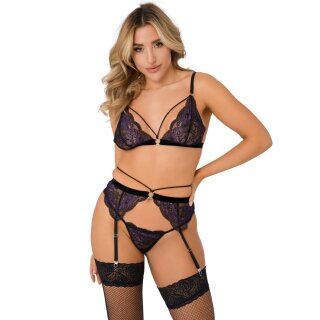 Daring Intimates 3-Piece Lace Bra, Panty & Garter Set Black Purple S-M